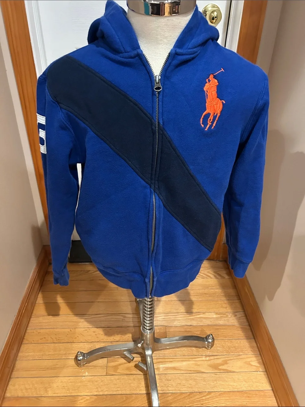 Ralph Lauren Royal Blue Hoodie with Navy Sash and Orange Pony